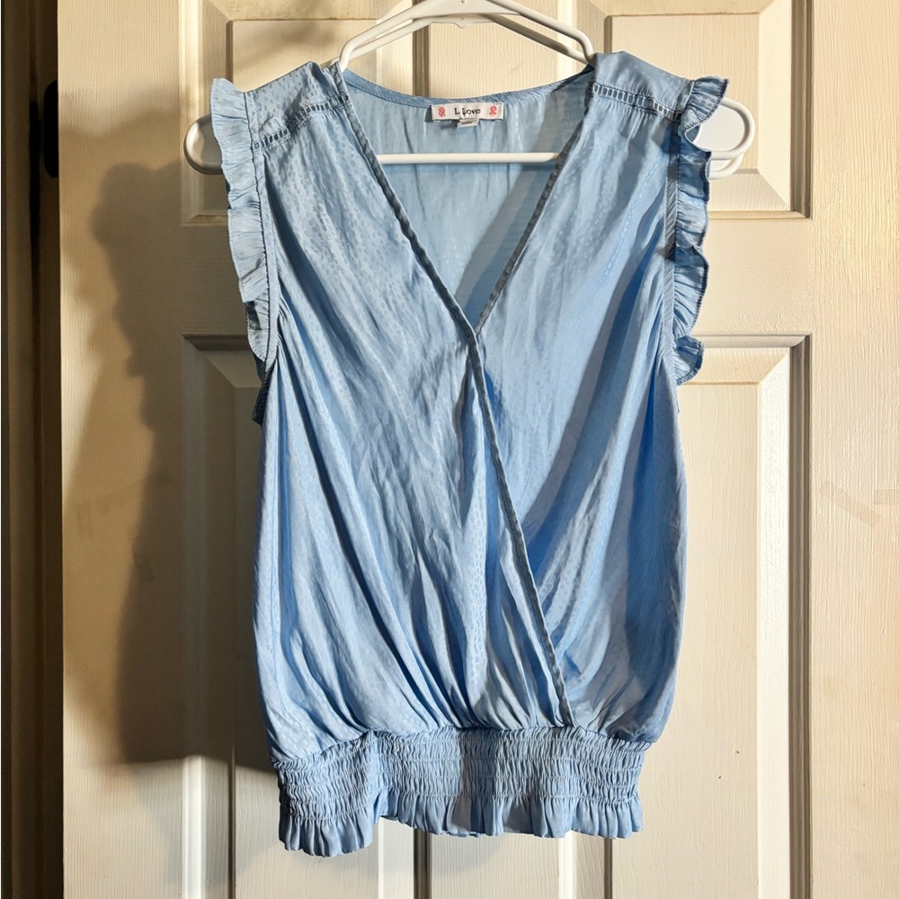 L love Blue Ruffled Sleeveless Blouse